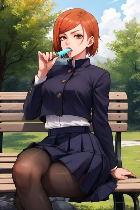 <lora:JJK_Nobara-DEF:0.7> nobara, solo, short hair, jacket, school uniform, skirt, pantyhose, sitting outdoors, bench, licking popsicle, perfect, sharp, masterpiece, detailed, high resolution, best quality,