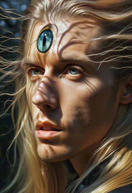 RAW photo, an eye contact of a blond with long hair and dark theme, Michael Cheval, 4k