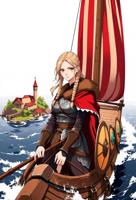 Close up shot. Image is a high resolution anime style artwork featuring a beautiful viking female character on a longship in the middle of the sea. Off in the distance is a beautiful and serene island with a rural village. At the front of the viking longship is the female viking clad in simple chainmail armor with a red and white striped talbard over it and a fur cloak. She has an exotic braided blond hairstyle with brown eyes. Her expression is a sinister one of a yandere. The longship has different colorful round shields along the side of it with a striped red and white sail. In the background is fog, a small village, open ocean, grassy island, small monestary,  <lora:RealAnimeFLUX:0.9> <lora:RM_Illustrify_v1.0MFLUX:0.5>
<lora:Fluxartis IIB:0.1> <lora:aidmaHyperrealismv0.3:0.2>
 <lora:aidmaFLuxPro1.1_v0.3:1> aidmafluxpro1.1,  <lora:aidmaHyperrealismv0.3:1> aidmaHyperrealism
<lora:tbh124-sdxl:0.15> style of Jean-Antoine Watteau,
<lora:tbh129-sdxl:0.15>,
<lora:Sinozick:0.15>,
<lora:add-detail-xl:0.7>,
<lora:aidmaMJ6.1_v0.5_2:0.3> aidmamj6.1,
<lora:Flux-XL_Scenery:0.15> flux-scenery,
<lora:Flux-style-xl-lora:0.15> flux-style,
<lora:FLUX-daubrez-DB4RZ-v2:0.35> DB4RZ, DB4RZ style painting <lora:illustration004:0.8> illustration004 chaotic expressive line-art scribbled and erratic strokes monochromatic black ink <lora:Scribble Portrait Drawing:0.35> Drawing <lora:aidmaMJ6.1_v0.5_3:0.35> aidmamj6.1, aidmamj6, mystcorbCE_style