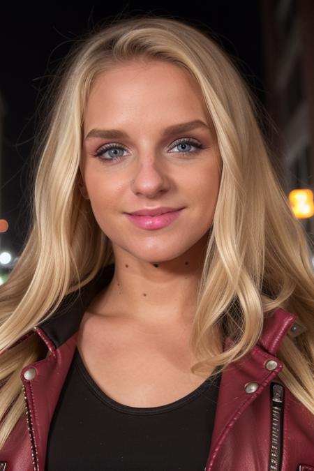 RAW, s0f1g, perfect face, stunning eyes, upper body, platinum blonde, sfw, in a red leather jacket, shirt, adorable smile, downtown at night, no makeup, candid, 8k uhd