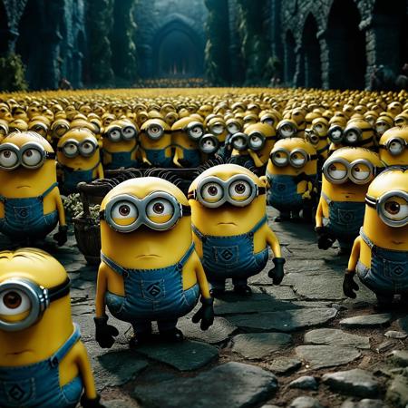 Minions in Middle-earth: recreate a remake of Lord of the Rings, but in a universe of minions cinematic lighting, macro photography, fine details, magical realism, beautifully lit