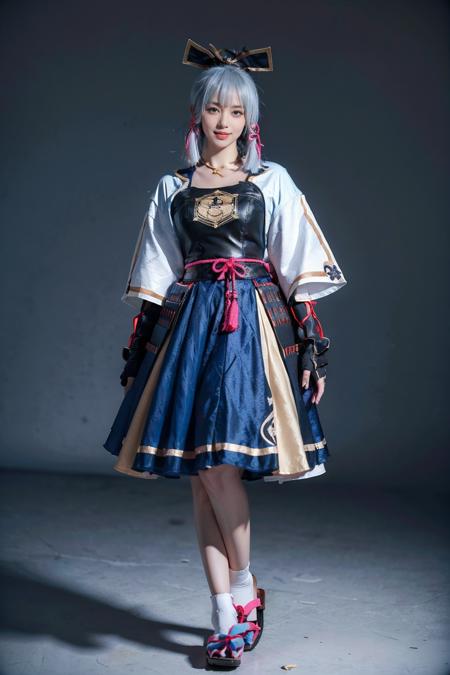 best quality, masterpiece, photorealistic, 1girl, solo, standing, full body, looking at viewer, smile, closed mouth, bangs, kamisato cosplay costume, cosplay, light blue hair, long hair, ponytail, hair ornament, ribbon, hair ribbon, japanese clothes, armored dress, japanese armor, arm guards, fingerless gloves, tabi, tress ribbon, sandals, tassel, simple background, <lora:genshin_Kamisato_cosplay_v1:0.7>