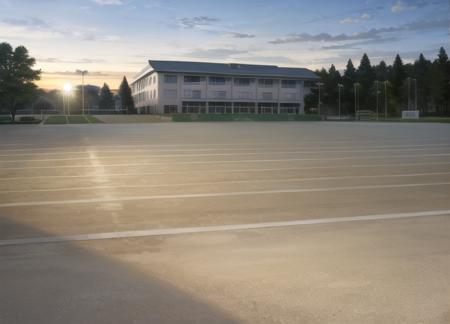 a baseball field with a lighted building in the background. <lora:Moono-10:0.70>