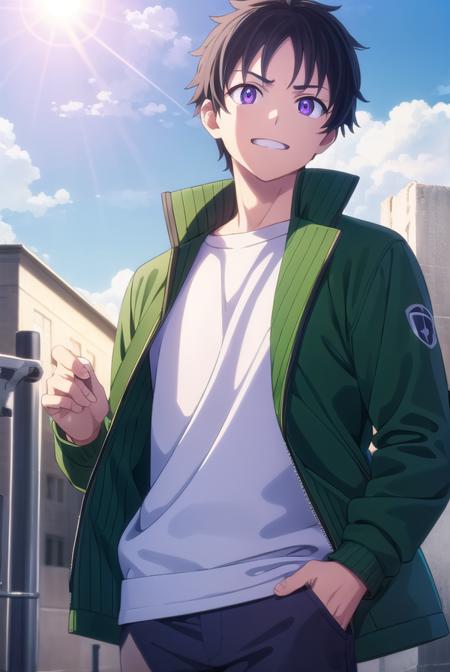 akiratendou, <lora:akira tendou s1-lora-nochekaiser:1>,
akira tendou, short hair, black hair, male focus, wide-eyed, (purple eyes:1.1), smile, grin,
BREAK shirt, jacket, white shirt, open clothes, pants, open jacket, black pants, green jacket,
BREAK outdoors, city, sun, sky, clouds,
BREAK looking at viewer, (cowboy shot:1.5),
BREAK <lyco:GoodHands-beta2:1>, (masterpiece:1.2), best quality, high resolution, unity 8k wallpaper, (illustration:0.8), (beautiful detailed eyes:1.6), extremely detailed face, perfect lighting, extremely detailed CG, (perfect hands, perfect anatomy),