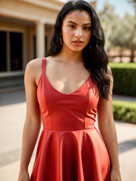 Realistic photo of a beautiful c4m1l4m woman,1girl,solo,long hair,looking at viewer,black hair,dress,sleeveless,nail polish,arm up,sleeveless dress,red dress,arm behind head,realistic, soft lighting, professional Photography, Photorealistic, detailed, RAW, analog, sharp focus, 8k, HD, high quality, masterpiece<lora:c4m1l4m:1.0>