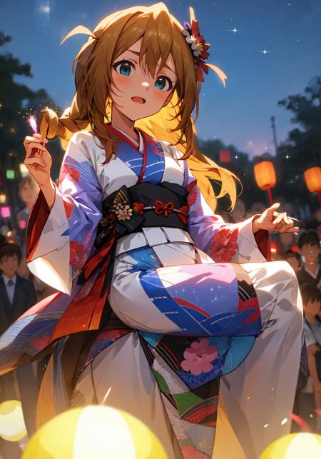 konomi baba \(million live\),1girl,solo,long hair,hair over shoulder,(best quality, 8K, masterpiece, ultra detailed:1.2),
street,people,crowd,night,gradient sky,blurry,sparkle,light particles,fireworks,lantern,depth of field,lens flare,motion blur,
kimono,sandals,sash,ribbon,yukata,head tilt,