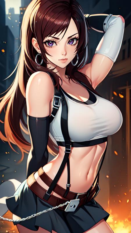 <lora:WesternAnimeLike:1> 
WesternAnimeLike, 
((tifa lockhart)), 1girl, thick lips, arm up, armpits, belt, black hair, breasts, brown eyes, cleavage, closed mouth, collarbone, cowboy shot, crop top, earrings, elbow gloves, (elbow pads), gloves, large breasts, lips, long hair, low-tied long hair, midriff, navel, abs, leaning forward, ((dynamic pose)),  outdoors, skirt, smile, solo, stomach, suspenders, tank top, upper body, ((masterpiece)) 
((perfect face)), very deep eyes, (cinematic lighting), detailed eyes, best quality, bishoujo, sidelight, highres, (intricate details),