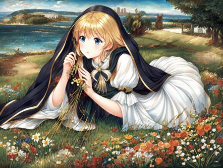 on meadow; solo waifu, one hand gathering flowers, with blonde hair, blue eyes, white dress and black cape; exceptional, best aesthetic, new, newest, anime, masterpiece, best quality, ultra detailed; golden ratio, painting by John William Waterhouse