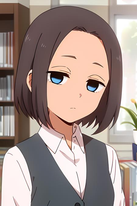 Mona, blue eyes, brown hair, short hair, vest, expressionless, office lady, white shirt, empty eyes, collared shirt, 