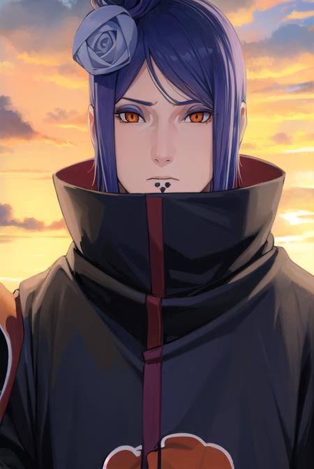 konan, <lora:konanv2-lora-nochekaiser:0.75>, <lyco:konanv2-lyco-nochekaiser:0.75>,
konan, short hair, hair ornament, blue hair, flower, hair flower, (orange eyes:1.5), (labret piercing:1.2), eyeshadow,
BREAK coat, cloak, black coat, black cloak, (akatsuki uniform:1.5), akatsuki \(naruto\), (akatsuki uniform:1.5),
BREAK outdoors, forest, nature, sky, cloud, sun,
BREAK looking at viewer, (cowboy shot:1.5),
BREAK <lyco:GoodHands-beta2:1>, (masterpiece:1.2), best quality, high resolution, unity 8k wallpaper, (illustration:0.8), (beautiful detailed eyes:1.6), extremely detailed face, perfect lighting, extremely detailed CG, (perfect hands, perfect anatomy),