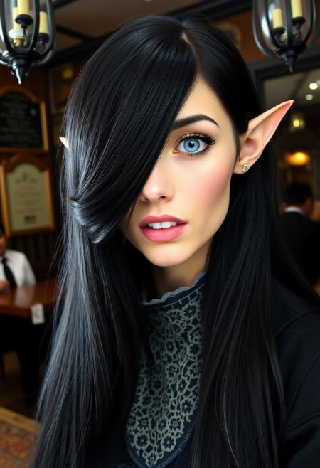 Beautiful woman with light tan skin, long black hair covering one side of her face, one eye covered by hair,  big blue eye, elf ears, vampire fangs, lacy cravat, black jacket, tavern in background