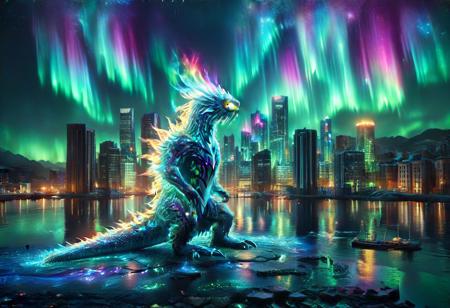 morph-aurora, a kaiju made of aurora, breathing aurora fire, glow of bioluminescent elements, standing in a cityscape, by the harbor, RAW Photo, absurdres, high quality, high detail, masterpiece