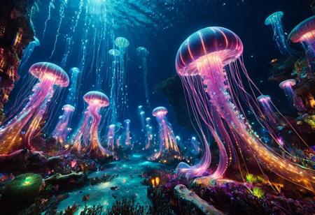 masterpiece, best quality, ultra-detailed, vivid lighting, wide-angle underwater shot. A vast, dreamlike marine world glowing with vibrant, bioluminescent light. The ocean floor is teeming with life — coral towers and waving sea anemones in radiant purples, pinks, blues, and greens, each pulsing softly like underwater lanterns. Enormous jellyfish drift slowly through the water, their translucent bodies trailing long luminous tendrils. Schools of small fish swim in coordinated patterns, their scales reflecting the colored light like polished glass. Gigantic deep-sea creatures hover silently in the distance, casting shimmering shadows over the reef. The bioluminescent sources — fish, flora, and mysterious deep-sea entities — are the only illumination, painting the scene with brilliant, surreal hues. The water is crystal clear, filled with glowing particles in constant motion, giving the impression of drifting stardust. Mood: awe-inspiring, enchanted, full of movement and life.