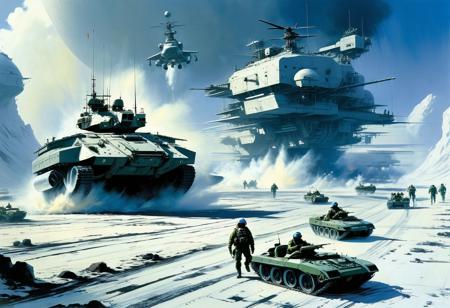 The scene depicts a futuristic battlefield with advanced military technology. Multiple soldiers in full-body armor are advancing on foot while two large, armed hovercraft are providing aerial support. The background shows an explosion, emphasizing the intensity of the combat. The soldiers are equipped with rifles and appear to be in a coordinated offensive. The environment is desolate, with minimal structures and a barren landscape. The overall artwork is detailed and monochromatic, giving a gritty and realistic feel to the futuristic warfare setting.
John Berkey Style page,