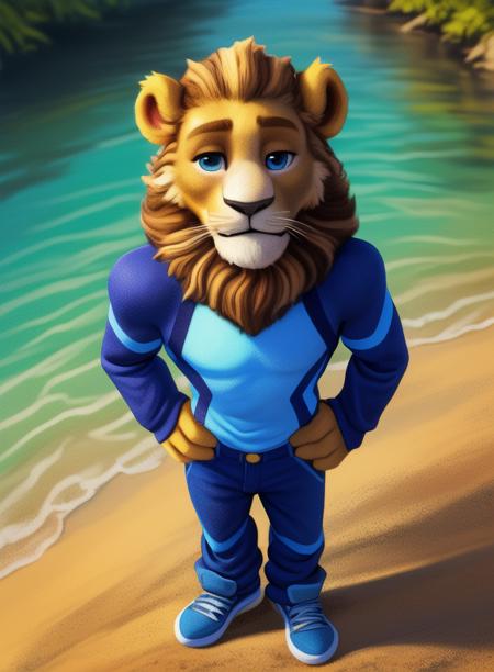  LevBorisovich, Lion, lush brown mane, beige muzzle, dark eyelids, brown eyebrows,  wide shoulders, tail,  blue eyes, white T-shirt with a blue collar, azure sweater, dark blue pants with lines, silver-gray sneakers,