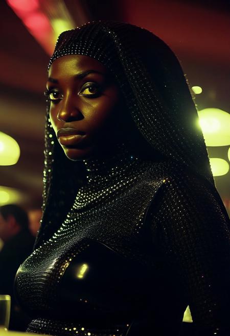Early 80s, disco scene, lower angle, 30 year old  (nubian:1.7)female, 30s style A stunning, top-heavy mature black woman in a black bodycon business dress sits at an upscale restaurant, her prominent nipples clearly visible through the fabric. Before her rests an enormous sausage dish, its size almost comically hypnotizing. Her eyes glaze over with a lustful intensity as she leans forward, ready to devour it—a mix of fascination and desire etched on her face. Around her, a crowd has gathered, phones raised to capture the moment, their presence adding an air of voyeurism. The scene is lit warmly, highlighting every detail: the glistening food, her unashamed expression, and the contrast between her elegance and the surreal focus of the moment. Every element feels vividly realistic, blending sensuality, humor, and intrigue.
BREAK High Evening, metropolis, (Cyberpunk future theme, tall energy towers :2.17
