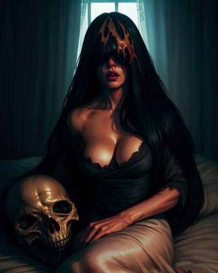 Rosaria,black hair,long hair,pale skin,streaked hair,hair over eyes,
black dress,cleavage,tight,
in bed,dark lighting,
horror \(theme\), 
dark curtains,flesh bed,on side,
(insanely detailed,  , masterpiece, best quality) cinematic lighting,<lora:Rosaria-10DS3v8:0.8>,