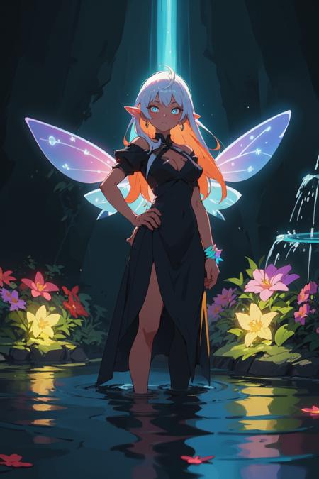 mksks style, detailed background, superb, multicolored, bioluminescence, (silhouette:1.1), 1girl, hand on hip, fairy wings, long hair, wading in the mythical fountain of life, medium breasts, darkness, vibrant colors, flowers