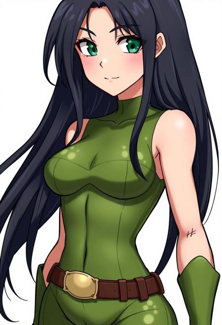 comic, black hair, long hair, animifacation, V, anime, superhero, cowboy shot, skin tight, closed mouth, small breasts, looking at viewer, green bodysuit, belt, bodysuit, solo, green eyes, woman, breasts, white background, bracer, superhero, smile, Shego