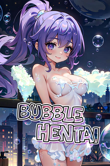 (Masterpiece:1.3), (best quality:1.2), (detailed background:1.1), (intricate details:1.1), (detailed background:1.2), 1girl, solo, (soft skin:1.3), (purple hair:1.2), hair streak, ponytail, nude, large breasts, (floating bubbles:1.4), (soap bubbles:1.6), (soap censor:1.2), (arms behind back:1.2), kind smile, dark background, night sky, <lora:detail_slider_v4:1.25>