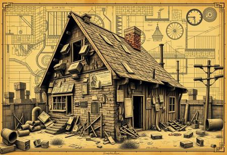 An artistic blend of a 1920s architectural blueprint with a chaotic twist, overlayed on a dilapidated shanty. The scene includes a complex design of junk bonds, stock certificates, and financial symbols intertwined with old-school blueprints, giving it a sense of disarray and desperation. Super Mario Bros elements subtly weave through the composition—iconic bricks, pipes, and retro game symbols emerge from the shanty structure. The overall style is vintage, with muted, sepia tones, reminiscent of the early 20th century, juxtaposed with the playful energy of 8-bit pixel art. The scene captures a collision of economic collapse and playful nostalgia