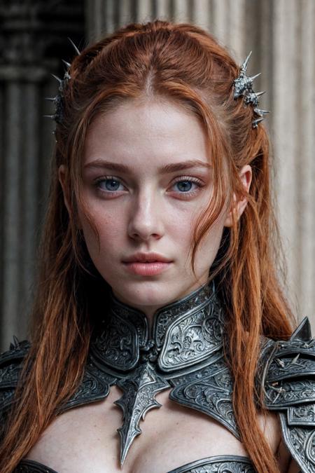 young ginger woman, (worlds most beautiful face), grotesque dragonbone armor, warped organic plating, fused with melted bone and twisted spiked shapes, dark fantasy design, armor is asymmetrical and covered in sharp ridges and baroque engravings, ancient and divine aesthetic, cursed gothic plating, portrait, ultra realistic cinematic photo, natural lighting, soft shadows, shallow depth of field, high detail, sharp focus, 50mm photography, realistic skin texture, accurate anatomy, lifelike expression, natural environment, clean background, highly detailed textures in clothing, hair, and lighting
