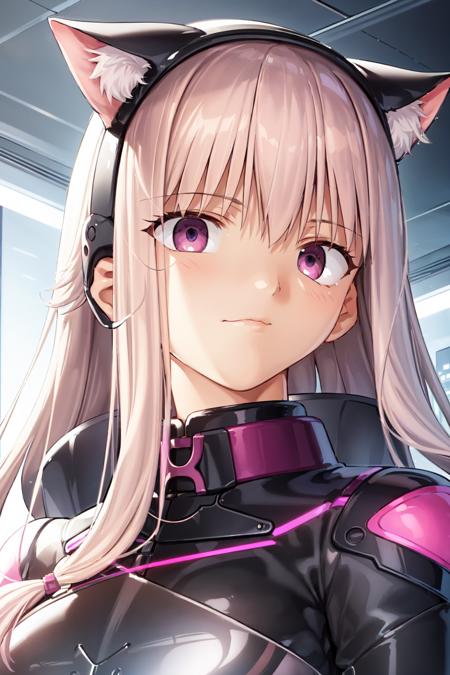 1girl, solo, long hair, light pink hair, cat girl, pink eyes, black collar, plugsuit armor, portrait, futuristic, scenery, cutie style
 <lora:FateVN:1>