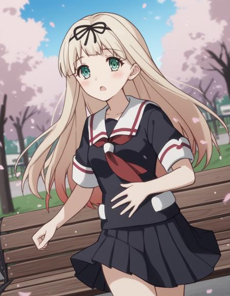 yuudachi, long hair, blonde hair, green eyes, hair ribbon, black ribbon, straight hair, yuudachi (kancolle) skirt, school uniform, pleated skirt, serafuku, black skirt, neckerchief, red neckerchief, black serafuku, white sailor collar,