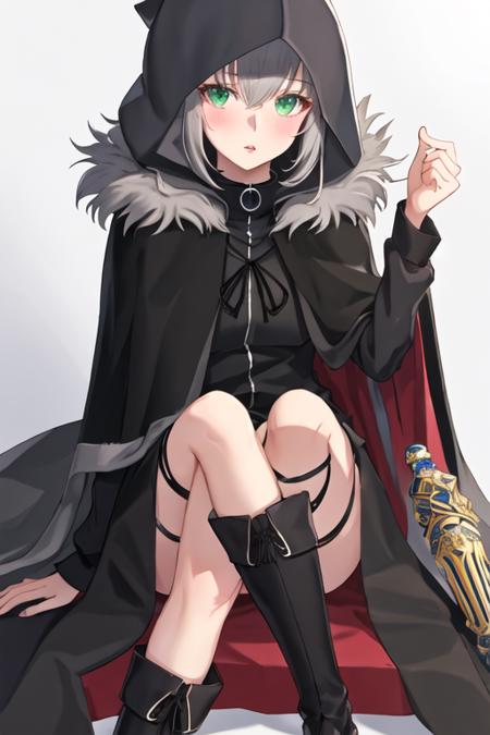 best quality, masterpiece, highres, solo, {gray_fgo:1.15}, bangs, grey_hair, green_eyes, short_hair, hair_between_eyes, cloak, cape, blush, closed_mouth, 1girl, fur_trim, hood, hood_up, hooded_cloak, looking_at_viewer, ribbon, upper_body, white_ribbon, parted_lips