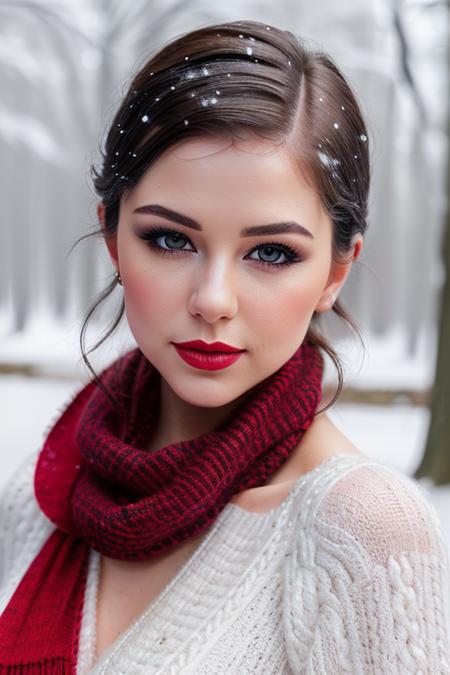 a photo of a woman, madalinap-1150:0.99, ((pale skin)), short hair,((scarf, sweater)), ((closeup, portrait)),((outdoors, snow, forest):1.2),,((red lipstick, eyeliner, eye shadow, blush):1.2), ((best quality, masterpiece, extreme details, high resolution):1.2),((detailed eyes, beautiful eyes, detailed face, beautiful face):1.2)