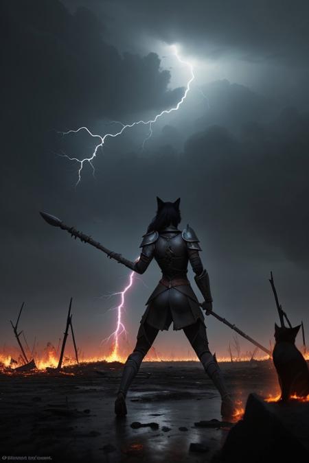 A wide action shot taken with a phone camera during an intense battle at evening. The scene captures Ember from Elder Scrolls Online, an anthro khajiit with black and white fur, yellow glowing eyes, black hair, and a cat tail, in the middle of a devastated battlefield. She's bracing herself against a magic staff with one arm, while wiping blood from her mouth with the back of her other hand. Her leather armor is torn and scorched, her fur matted with rain and blood.
Around her, ruined weapons and shattered shields are scattered across the mud and broken marble tiles.
Above the battlefield, a heavy storm brews:
(left) Jagged lightning tears across the sky, illuminating Ember's fierce, defiant expression.
(right) Burning wreckage glows faintly in the distance, casting eerie, flickering shadows across the ruined columns.
Faint magical glyphs flicker and crackle across her bruised arms and gloves, barely holding their form. Her yellow eyes glow fiercely against the black storm clouds, refusing to yield.
Near the bottom edge of the image, someone has quickly scrawled magical coordinates and battle notations, half-blurred by the rain.
