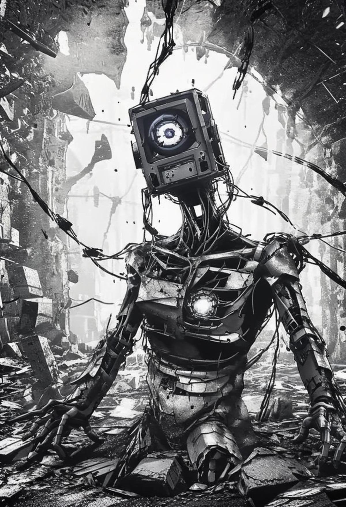 A robot with a camera for a head, surrounded by a destroyed city.
