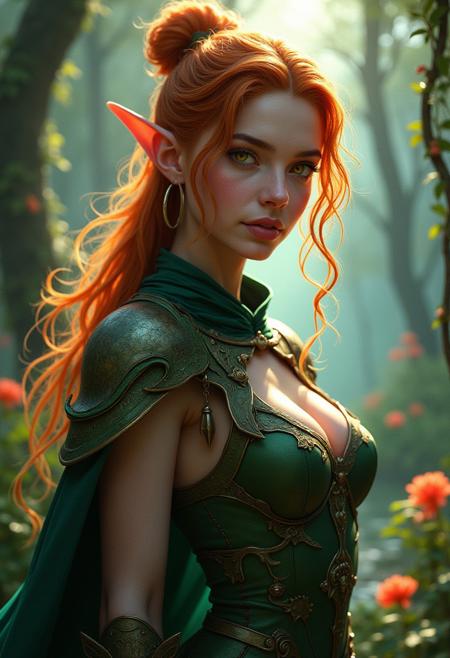 Create an extremely realistic and alluring portrait of an adult female elf with striking yellow eyes and tousled copper hair in an ombre style, cascading over her shoulders. The composition should feature a close-up front view of her upper body, showcasing her flawless, sun-kissed skin and high cheekbones. Her detailed face should exude confidence and allure, with subtly defined lips and an enigmatic smile. She wears form-fitting, nature-themed armor that combines sleek metal and delicate vines, accentuating her curves and giving a sensual yet fierce look. The plant cape billows behind her, entwined with luminescent flowers and creeping vines that enhance her enchanting presence. The background reveals a richly textured overgrown swamp, illuminated by soft moonlight filtering through the trees, creating a magical glow. Wind softly tousles her hair and cape, adding movement to the scene. Surround her with vivid magical plant growth, shimmering with ethereal energy, capturing her essence as a powerful and sexy plant guardian in an eerie yet enchanting atmosphere.