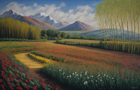 (style of Josh Adamski:1.15), scenery,a painting,scene painting, hacienda ,coppice ,garden , Moraine ,