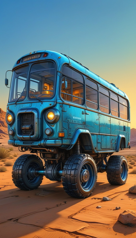 (cel-shading:2)+, (in ARTIST style:1.6), (masterpiece:1.7),  night, glow blue neon,
hyperrealism, glossy, shinny, clear image, accurate picture, clear picture, precise image, focused image, Science fiction style, Science fiction,
(cozy comfy, science fiction bus vehicle focus, robot, desert background, mecha, wheeled vehicle, transparent glass paint, glass car) comic style, (ultra sharp focus:2), (thin lines:2), (best quality:1.8), night, glow blue neon,
(masterpiece:1.8), (highest detailed:1.8), perfectly lighted, (contrast), (saturated), (((sharp focus))),
(hyperdetailed:1.3), (intricate details:1.2), (Refined details:1.3), (best quality:1.5), highly detailed textures, vibrant colors,
(ultra sharp focus:1.8), (detailed texture:1.8), (detailed edges:1.8), (thin lines:1.8), (best quality:1.8),
<lora:Apparatus_-_Traction_City_Walkers_Vehicles:0.8>,