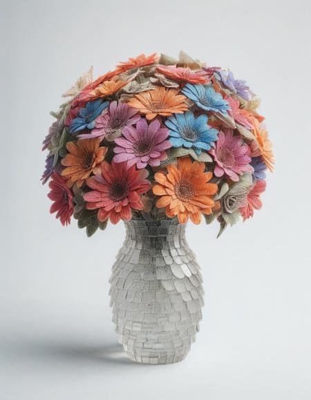 A vibrant bouquet of flowers, each petal made from mad-shingles, arranged in a crystal vase. <lora:Shingles_SDXL:1>