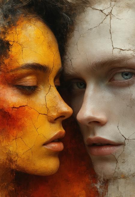 A tension-charged duo floats in a liquid-dim void, their torsos warped like Dali’s melting clocks, faces half-dissolved into Hilma af Klint’s geometric spirals. Extreme close-up from a skewed worm’s-eye view amplifies emotional claustrophobia: his hand—cracked terracotta glowing with inner magma—reaches toward her mercury-silver lips, frozen mid-syllable. Chiaroscuro lighting carves their forms in midnight blue and burnt umber, shadows pooling like spilled ink. Iridescent mist swirls where words fail, each particle humming with unvoiced desire. Critical details: his iris reflects miniature collapsing staircases; her breath crystallizes as Cyrillic question marks. Textures clash—glossy vs. corroded—as a fractured hourglass leaks cobalt sand between them.