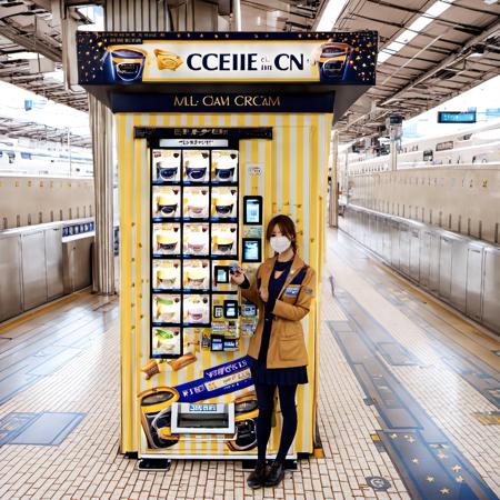 STOKYO, vending machine, scenery, outdoors, scenery, shop, train station, english text, tiles, food, tile floor, convenience store, sign, indoors, realistic, outdoors, building, ice cream