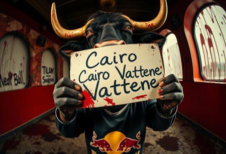 A whimsical, humanized bull, with a fairytale charm, holding a sign that says ‘Cairo Vattene’ in bold, handwritten text. The shot is captured with a Panavision Prime Cine Optics 12mm fisheye lens, exaggerating the bull’s presence in the center of the frame. The background is twisted and surreal, with sharp, contrasting colors and splatters of blood staining the surroundings, adding a gritty, Tarantino-esque vibe. The bull, exuding a dark, almost menacing aura, has blood splattered on its hands and face. A Red Bull logo is spray-painted onto its shirt, matching the chaotic energy of the scene.”