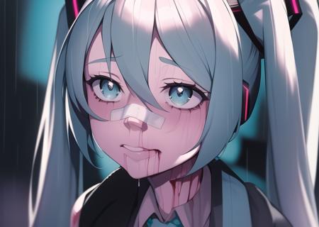 yllicft, hatsune miku, solo <lora:yllicft-10:1>, rain, injury, blood on face, zoomed out shot, bandaid on face, bandaid on nose, looking up, masterpiece, best quality