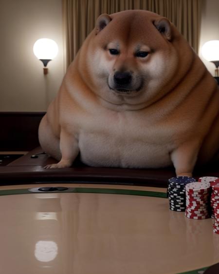 <lora:Round_animal:.9> a cinematic close up of portrait of huge round obese rotund, circular, round animal, cheems shiba inu indoors sitting at a poker table, in a dimly lit dark casino, smokey smoggy crying eyes sparkling tears <lora:Cheems_50_2-000001:.9>