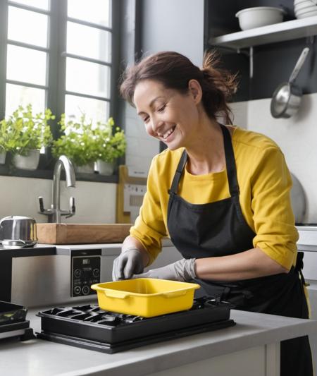 , <lora:3l3ctronics:1> 3l3ctronics,               black & yellow, industrial, heavy duty, modular,           A highly detailed mother in her kitchen preparing meal, window sunny day, happy, smiling,