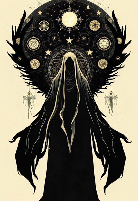 The Oracle’s Vision ,  a veiled figure surrounded by glowing celestial symbols, fragmented black-and-white silhouettes forming a cryptic prophecy, soft golden light illuminating intricate patterns in the air
Symbolist art, surreal allegory, melancholic atmosphere, dreamlike figures, mythological elements, minimalist abstraction, bold geometric shapes, high contrast, eerie yet graphic composition, delicate rendering with modernist simplicity, intricate yet stylized storytelling