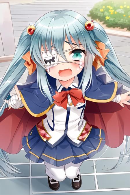 Kazeyari Mina, 
grey hair,
1girl, eyepatch, solo, cape, bandages, twintails, tears, open mouth, blush, skirt, pantyhose, looking at viewer, long hair, hair ornament, aqua eyes, school uniform, blue eyes, shoes
<lora:grimoire-v1.0:1>