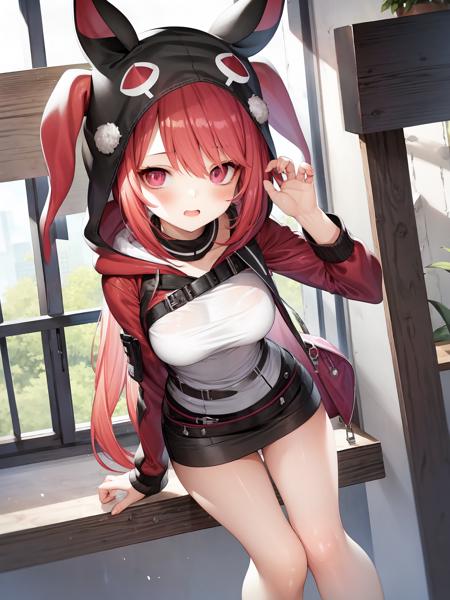 masterpiece, best quality, <lora:exh2-4:1>, 1girl,hood,miniskirt,shirt,headgear,red hair,