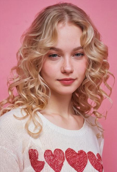 ASCII oil portrait of a girl with extremely small breasts, (nipple outline, pokies under shirt:1.4), long blonde wavy hair, extremely beautiful woman, narrow face, model, Valentine`s Day, hearts, love, red and white clothing, wearing tight sweater, simple background, pink gradient background, pale skin, white girl, detailed skin, looking at viewer, small smile, cinematic, great shading, moody slighting, (by Hope Gangloff:1.2),