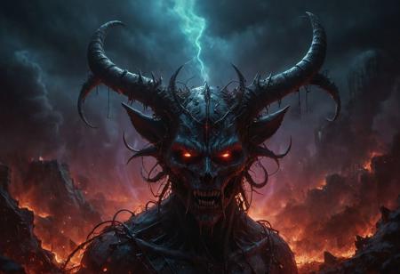 minimal, clean wire install, apocalypse core virus, black plague intrigue, the last smile in red oil paint Wide range of colors., azure blues and deep purples, demon horns Dramatic,Dynamic,Cinematic,Sharp details Insane quality. Insane resolution. Insane details. Masterpiece. 32k resolution