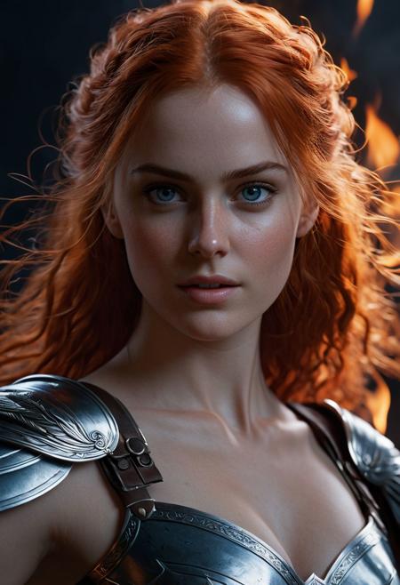 Valkyrie standing with flaming sword, 1girl, Eastern European, goddess, red hair, light fair skin, light complexion, dark blue eyes, black pupils, medium breasts, petite, 21 year old, exquisite beauty, soft youthful ethereal features, radiant, soft physique, wings, ultra HD, 8k, best quality, super complex details, hyper detailed, expressive, award winning, (ultra realistic), textured skin, sharp focus, Cinematic Lighting, photo realistic, 4k, natural, global illumination, Cinematic, symmetrical face, full body focus