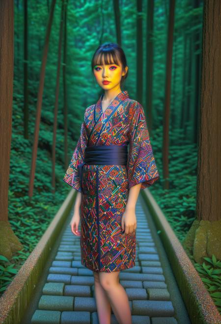 masterpiece, best quality, ultra detailed, HDR, photorealism, sfw, A girl, black mini yukata, pretty face, (the patterns appear like layers of colored pencils:1.35), the girl looking at camera, landscape, nature, forest, japanese mountainside, night, HDR, pale skin, (black bold eyeliner, makeup:1.1334), very detailed radiant eyes, detailed lips, detailed face, cute, pretty, bangs, posing elegantly, in shinto temple, the backdrop should be of a forest, it should be at night, fullbody shot, spider_lillies, <Pencil_morph_style-000008:1.55>