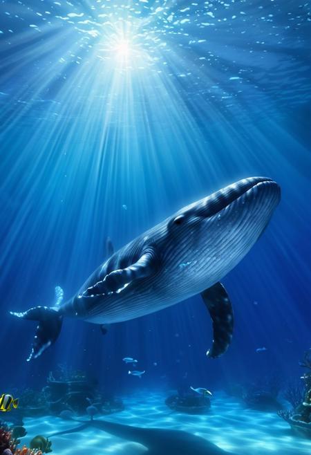 Visualize a playful, kid whale gliding majestically in the ocean. Its skin shimmers with hues of deep blue and soft gray, reflecting an almost magical glow. The young whale wears a grin that stretches across its wide face, evoking a sense of infectious merriment. Its almond-shaped eyes gleam with a youthful sparkle that echoes its exuberant personality. With its small, flappy fins and swishing tail, the whale showcases a confident posture, swimming like it s leading a parade of oceanic creatures.
The backdrop is an expansive underwater dreamscape with swirling currents and an array of brightly colored corals. Schools of vibrant fish flutter past, speckled sea turtles navigate the vastness, and friendly dolphins join in the fun, adding to the magical environment. Rays of sunlight penetrate the surface of the water, illuminating the marine world in dappled patches of light, spotlighting our young whale star.
Amidst this interactive display of aquatic grandeur, the jovial kid whale emerges as a heartwarming figurehead of youthful optimism and playful camaraderie, its infectious grin brightening the surroundings.